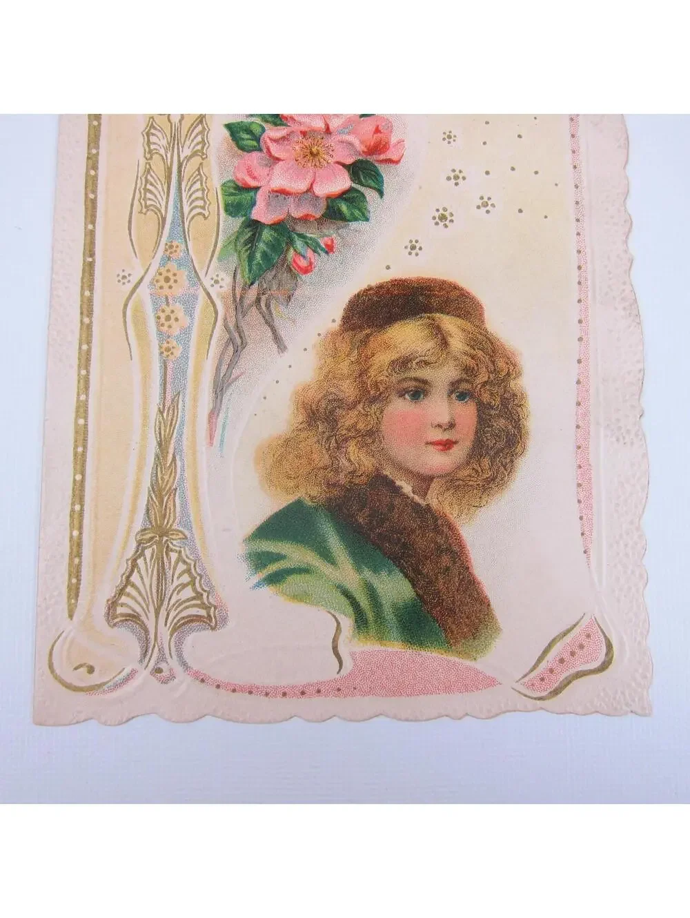Antique Valentine Blonde Girl Green Coat Pink Flowers Embossed Bifold UNSIGNED